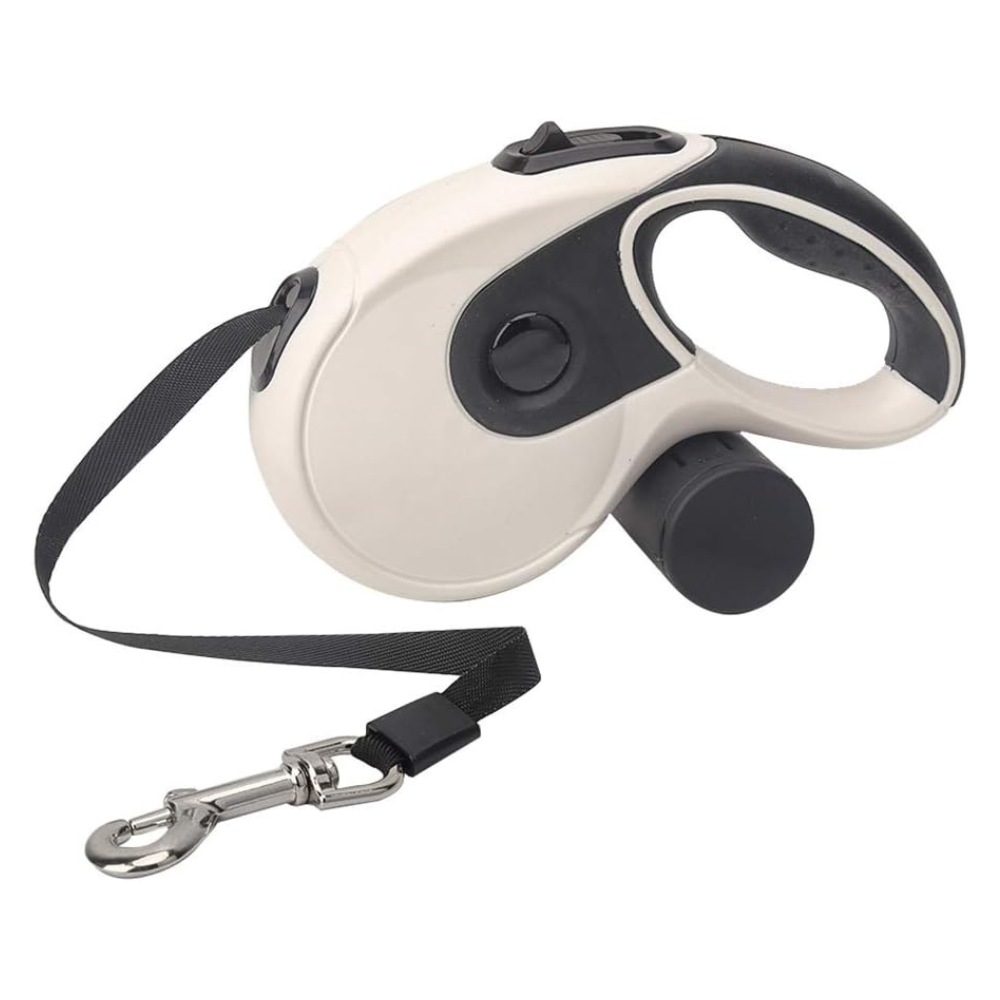 Retractable dog leash with poop bag box